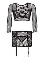 Sexy lingerie set, large fishnet, long sleeves, crossing straps